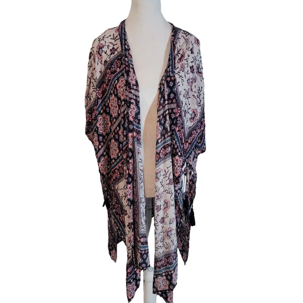 Knox Rose Size XS Patchwork Floral Kimono Poncho Cover‎ Up White Purple Boho